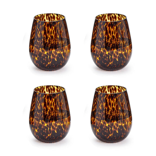 Set of 4 Tortoise Print Stemless Wine Glass