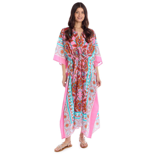 Coral Multi Block Printed Cotton Caftan