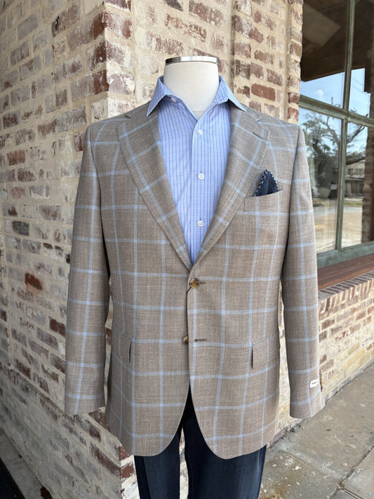 Peter Millar Harrison Taupe / Blue Windowpane Sports Coat
