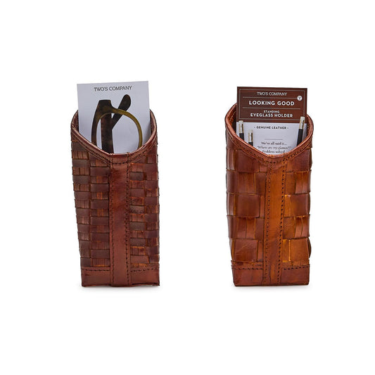 Chestnut Woven Genuine Leather Standing Triangular Weighted Eyeglass / Accessory Holder