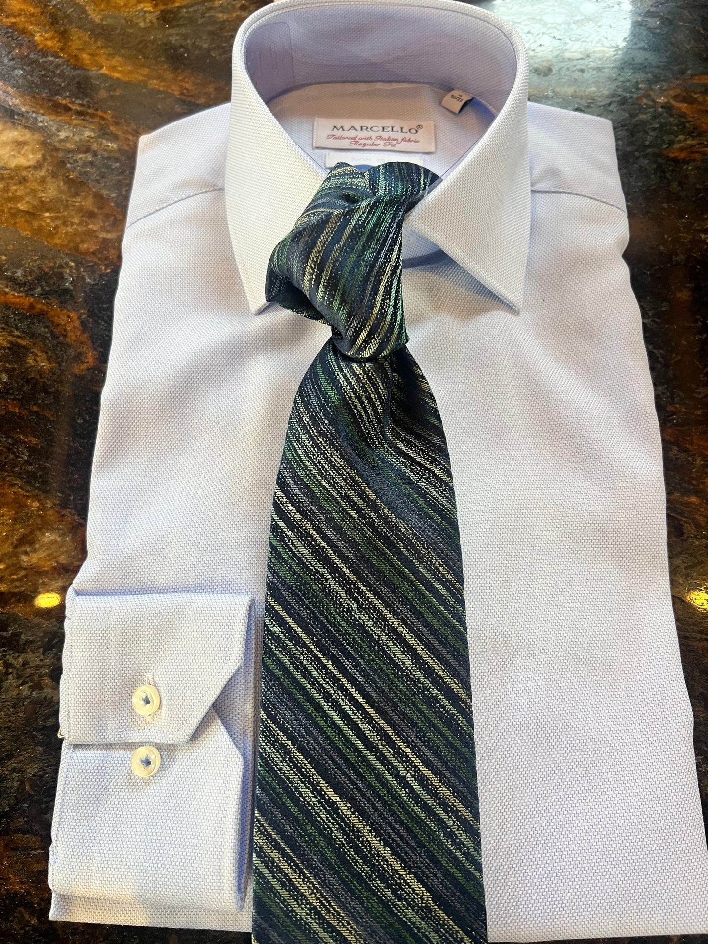 Bruno Piattelli Blue and Green Distressed Stripe Paisley Silk Tie