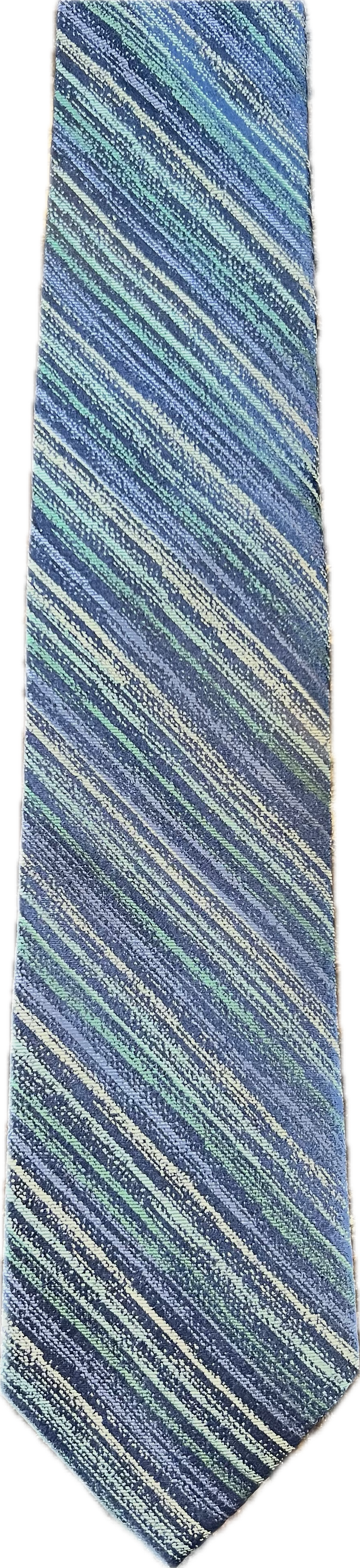 Bruno Piattelli Blue and Green Distressed Stripe Paisley Silk Tie