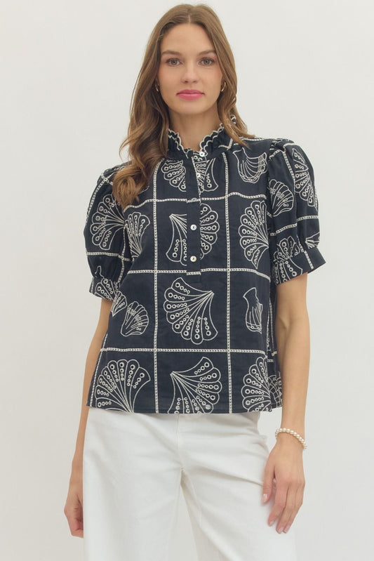 Navy Scalloped Ruffle Mock Neck