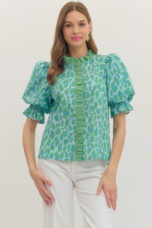 Green/Blue Puff Sleave Top with Ruffle
